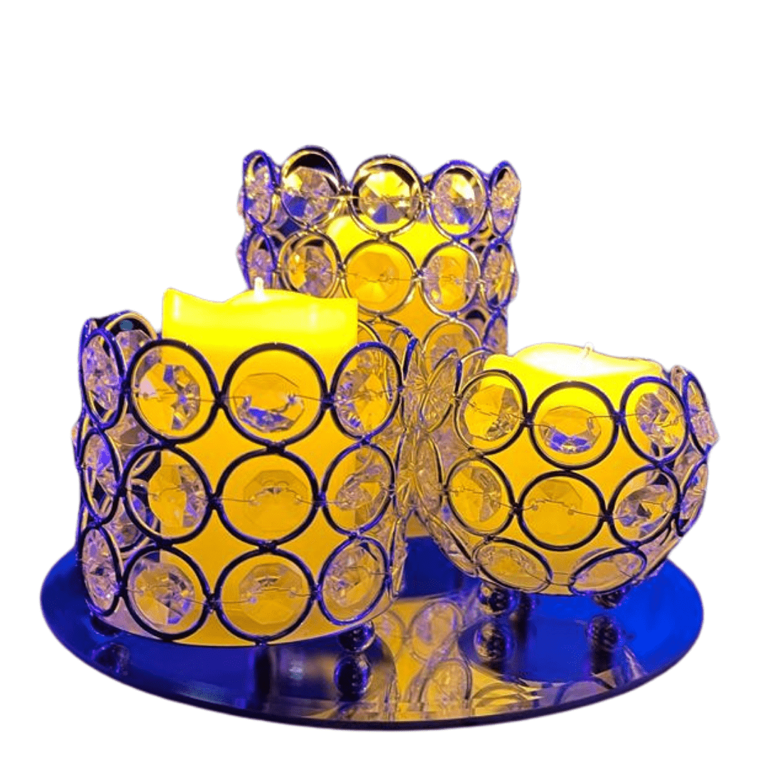 Trio of Low  Silver Crystal Votive Candlestick Holders complete with Mirror Plate